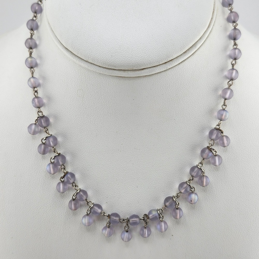 Robert Rose Necklace Lavender Glass Bead Dangle Charm Silver Tone Chain